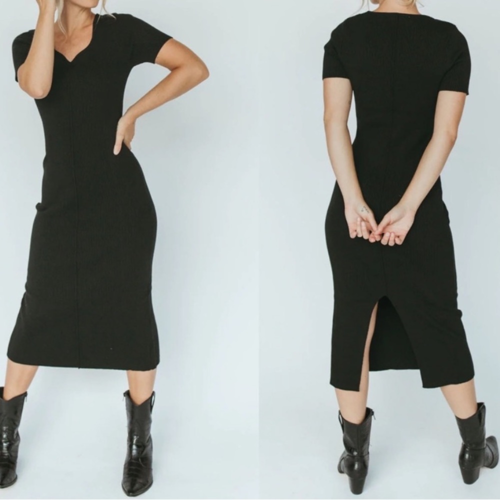 All:Row Black Ribbed Knit Sweetheart‎ Neckline Back Slit MIDI Dress
